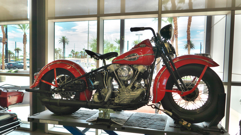 A classic Knucklehead Harley on display