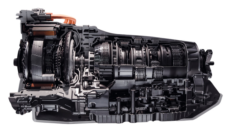 A cross-section of an automatic gearbox showing its intricate assembly.