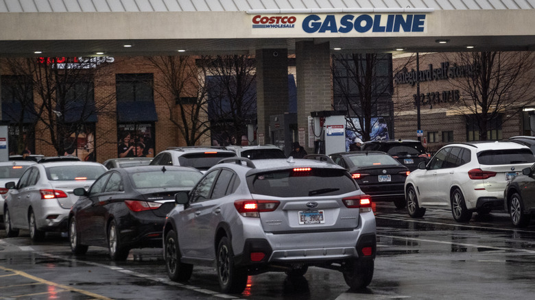 Line of cars at a Costco fuel center