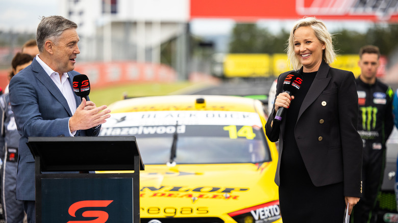 Neil Crompton Supercars commentator speaks with Jessica Yates presenter for Fox Sports Australia during the 2021 Supercars Season launch at Mount Panorama on February 24, 2021 in Bathurst, Australia.