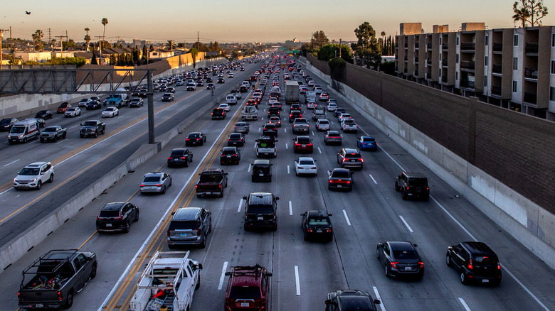 Traffic moves along the 405 Freeway on February 13, 2026 in Los Angeles, California.