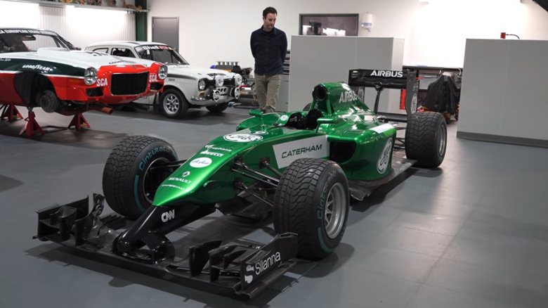The rebuilt 2014 Caterham F1 car sitting in Thomas' personal garage.