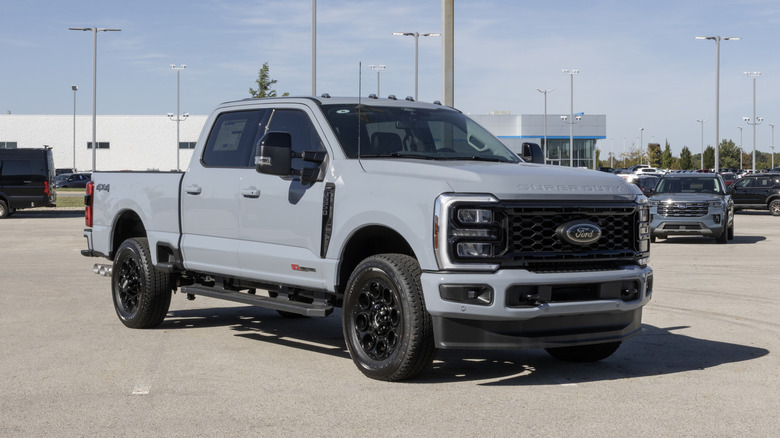 Muncie - October 8, 2026: Ford F-250 Super Duty SRW 4X4 Crew Cab Lariat display. Ford offers the F250 with a 6.7L HO Power Stroke Diesel engine. MY:2026