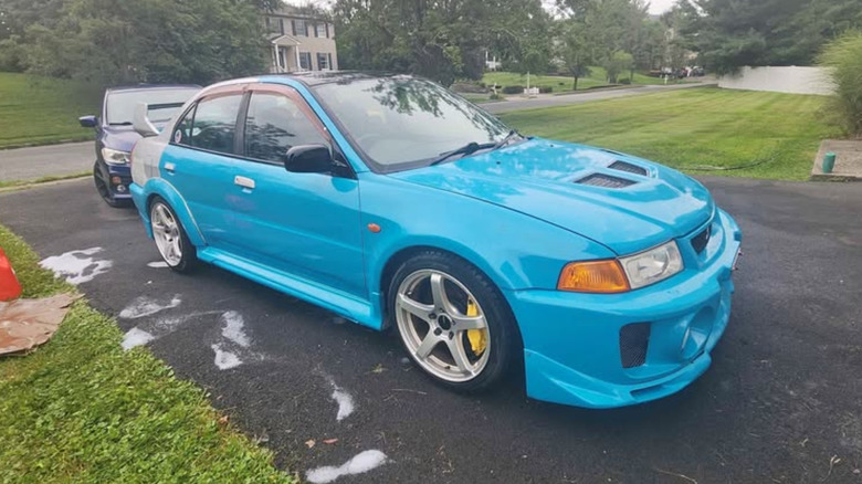 Bright blue Mitsubishi Evo