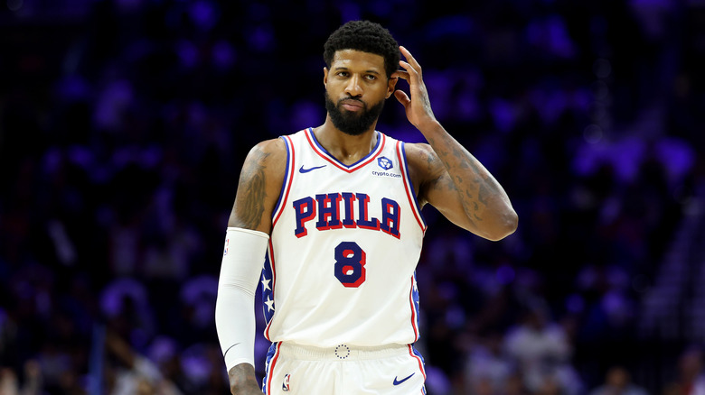 Paul George #8 of the Philadelphia 76ers reacts during Game Three of the Second Round of the NBA Eastern Conference Playoffs against the New York Knicks at Xfinity Mobile Arena on May 08, 2026 in Philadelphia, Pennsylvania.