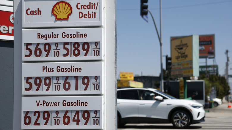 Gas prices are displayed at a Shell gas station on June 22, 2026 in Los Angeles, California.