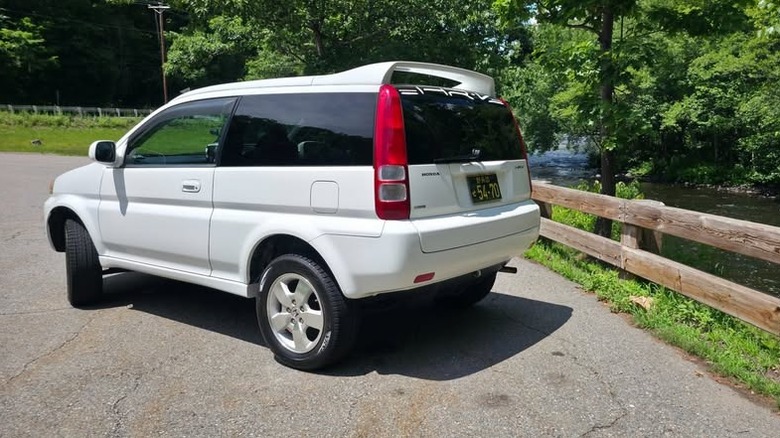 Rear of a white two door Honda HRV