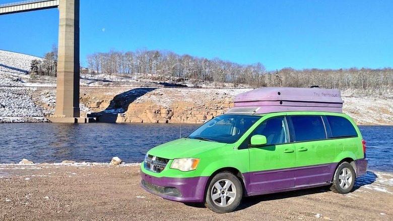 Purple and green Dodge Caravan