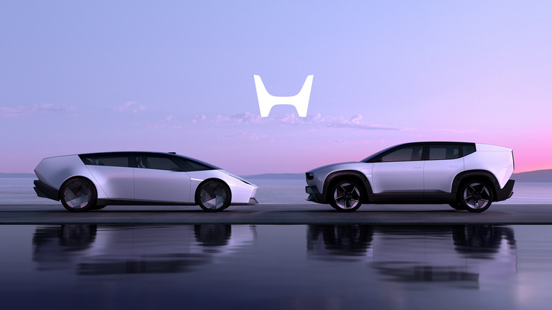 Side view of the Honda 0 Series Saloon and SUV prototypes against a sunset