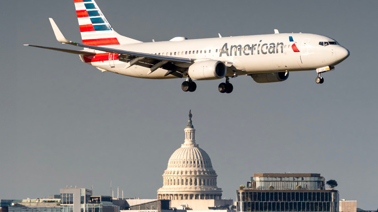 A Boeing 737 flown by American Airlines comes in for a landing with the Capitol Building in the background