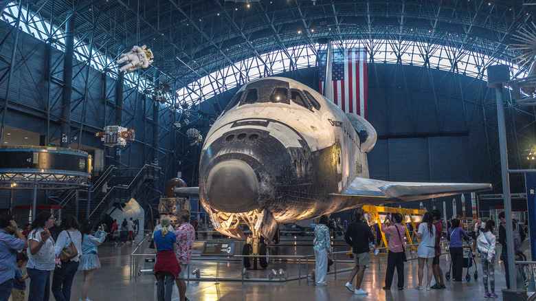 The space shuttle Discovery on display at the Steven F. Udvar-Hazy Center, part of the Smithsonian Institution's National Air and Space Museum.