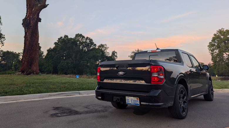 A black Ford Maverick Lobo parked in front of a dead tree as the sun rises