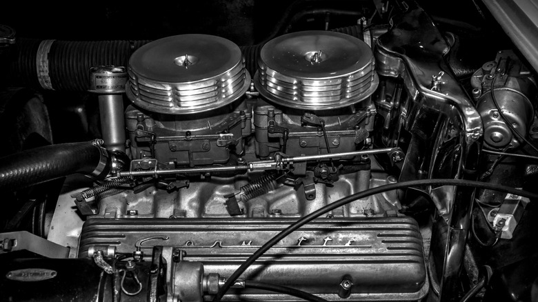 A close-up of a 283 small-block Chevrolet Corvette engine.