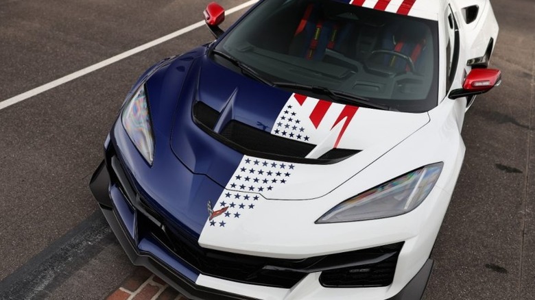 A top-end view of a ZR1X Corvette wearing an American flagged design decal.