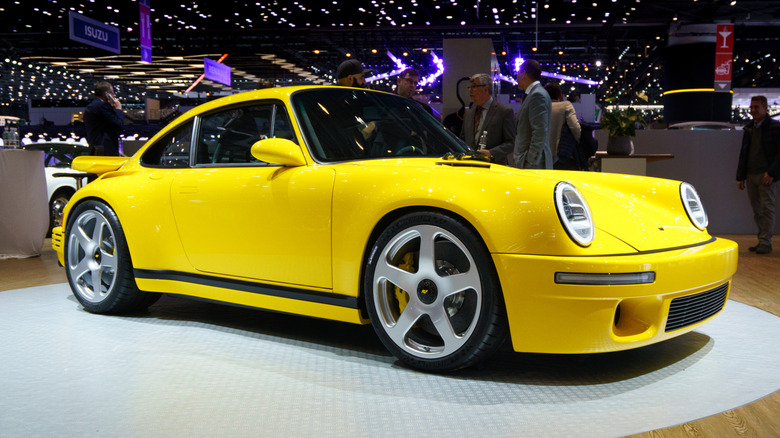 The 2017 RUF Automobile CTR Yellowbird on display at the Geneva Motor Show.