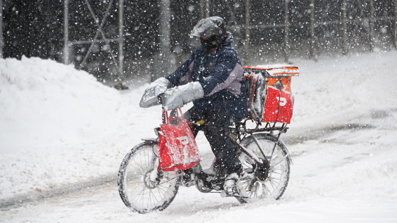 A DoorDash cyclist struggles with delivery during a snowstorm.