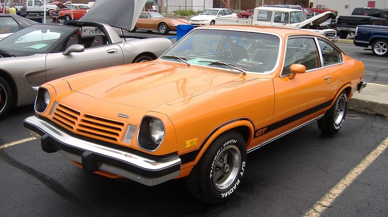 Elevated front 3/4 of 1974 Chevrolet Vega GT in parking lot