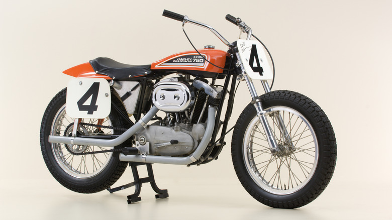 A front view of a Harley-Davidson XR-750 flat track motorcycle