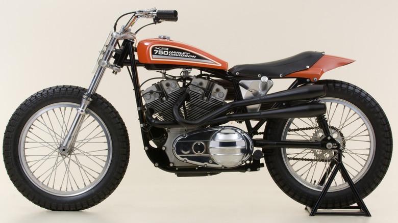 A side view of a Harley-Davidson XR-750 flat track motorcycle