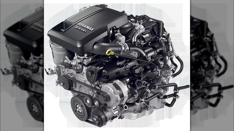 A 3.0L Duramax I6 diesel engine used in Chevy's half-ton pickups on display.