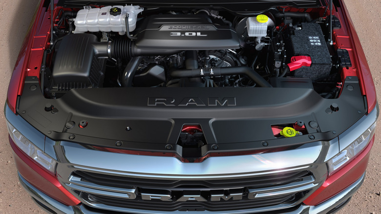 2020 Ram 1500 with hood open showing EcoDiesel 3.0 V6 engine