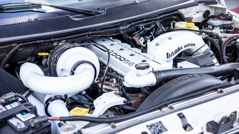 A Dodge Ram Cummins engine under a hood