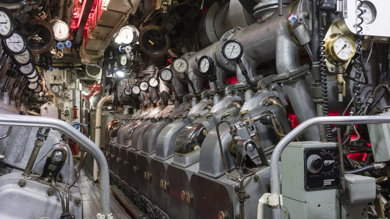 Engine room of submarine with diesel engine