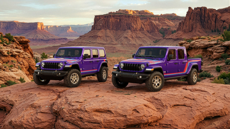 Purple Jeep Gladiator and Wrangler parked against a dramatic backdrop.