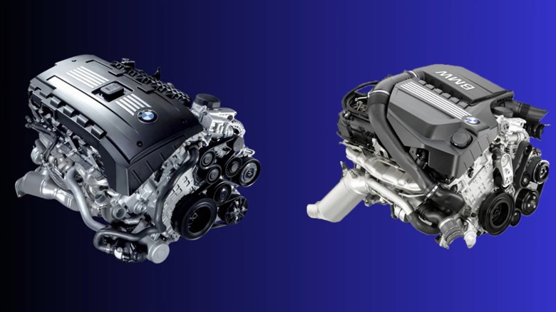 A BMW N54 engine alongside a BMW N55 engine on a graduated blue background