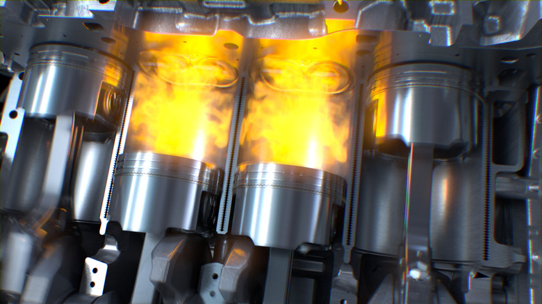 A visualization of pistons undergoing internal combustion.