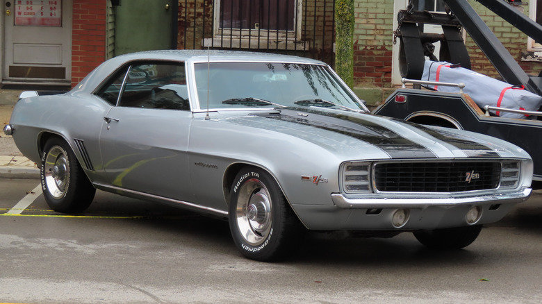 A silver Chevrolet Camaro Z/28 parked in a parking lot