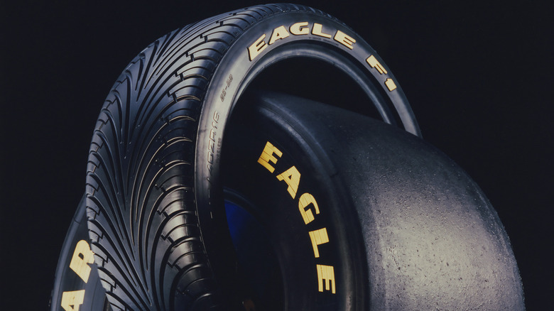 A Goodyear Eagle F1 tire wrapped around a Goodyear Eagle racing slick.