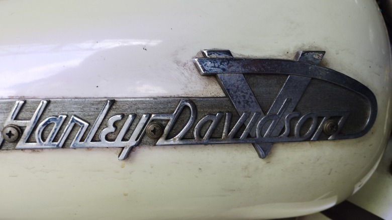 A vintage Harley-Davidson logo on a modern white Harley-Davidson motorcycle gas tank.