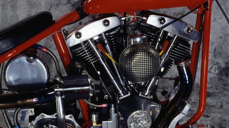 A vintage Harley-Davidson V-Twin engine.
