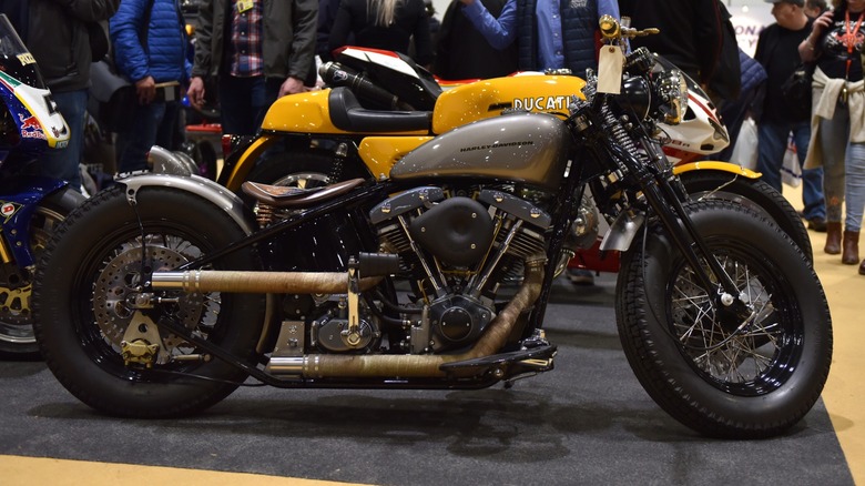A Harley-Davidson Shovelhead V-Twin on display at a show.
