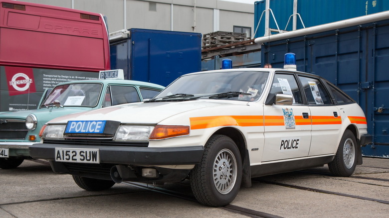 Front-quarter shot of a Rover SD1 police car parked.