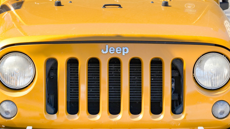 The iconic seven-slat grill on a Jeep Wrangler.