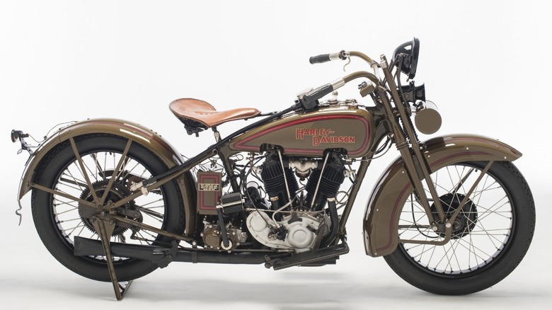 Antique Harley-Davidson motorcycle with a V-Twin engine.