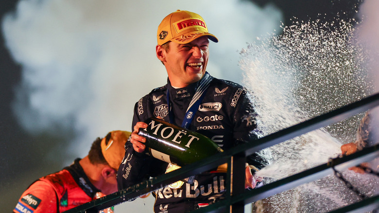 Max Verstappen of Oracle Red Bull Racing and The Netherlands celebrates finishing in first position during the F1 Grand Prix of Las Vegas at Las Vegas Strip Circuit on November 22, 2025 in Las Vegas, Nevada.