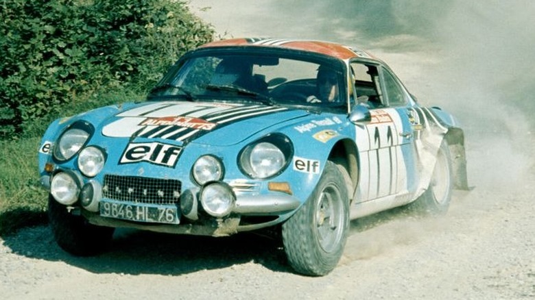 An Alpine-Renault rally car wearing Michelin X radial slick tires at the 1973 World Rally championship