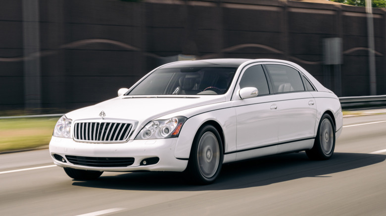 White Maybach 62S driving on the highway