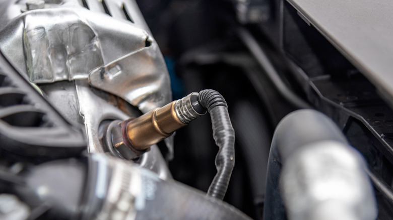 An oxygen sensor plugged into an engine's exhaust manifold