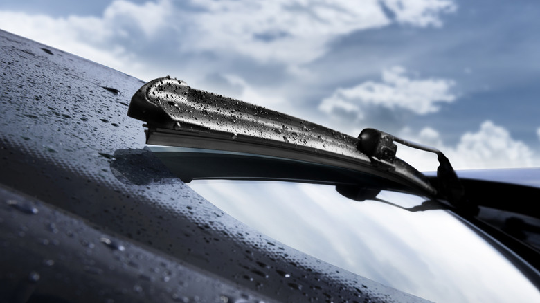 A wiper blade rests on a wet windshield.