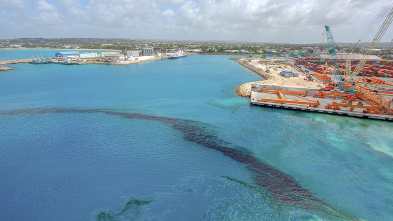 An aerial view of a major oil spill in the ocean