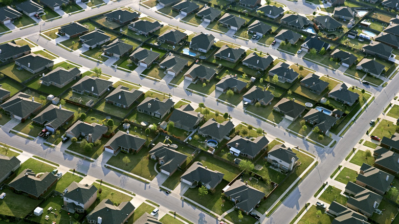 An aerial view of a car-dependent suburb community