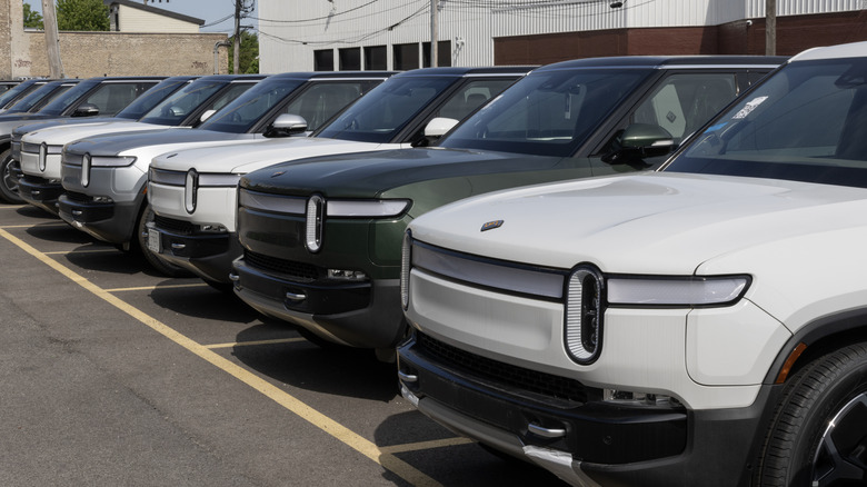 Several Rivian models lined up in a parking lot.