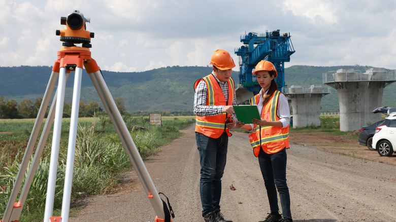 A surveying team using a theodolite.