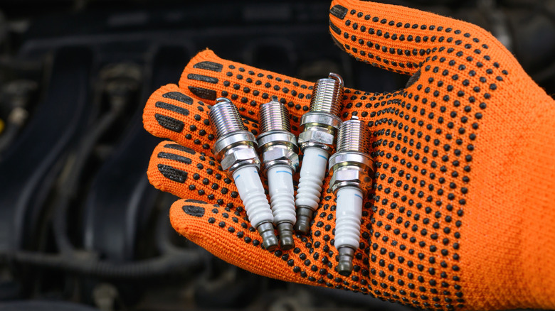 Closeup photograph of a technician holding 4 caller spark plugs