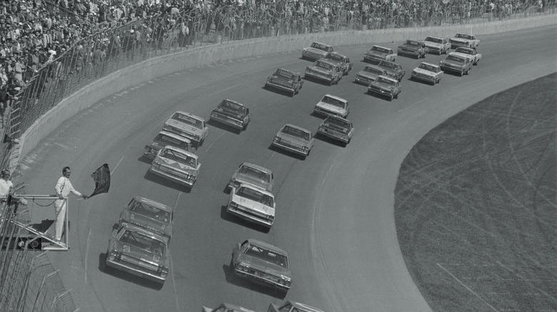 NASCAR racing in 1967 with a bevy of cars on the track