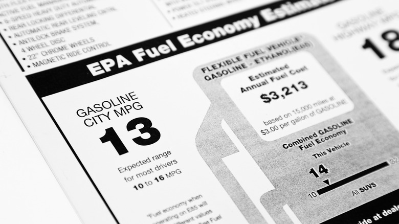 A close up of the EPA estimated fuel economy figures for a modern SUV.